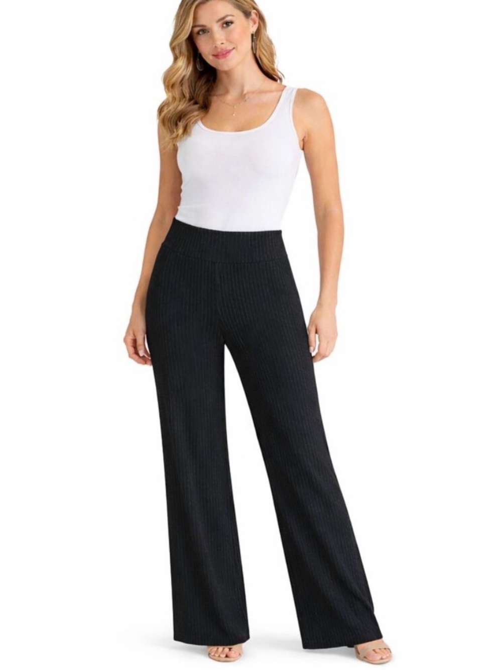 Betabrand Dress Pant Yoga Pants M Black Pinstripe High Rise Wide Leg Pull On